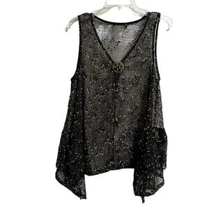 Lagenlook Womens Fairy Grunge Swing Tank Top M Black Pockets Mesh Asymmetric